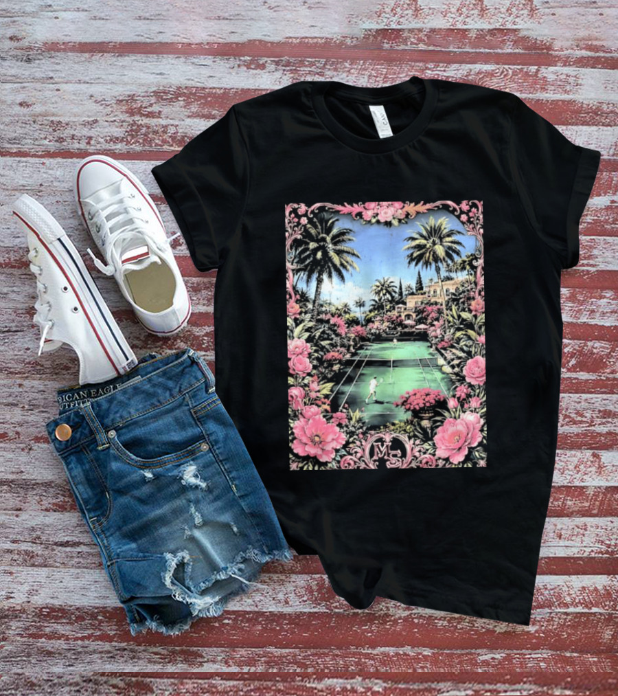 Tennis Players On Mansion Court MS Initials With Pink Floral Frame T-Shirt