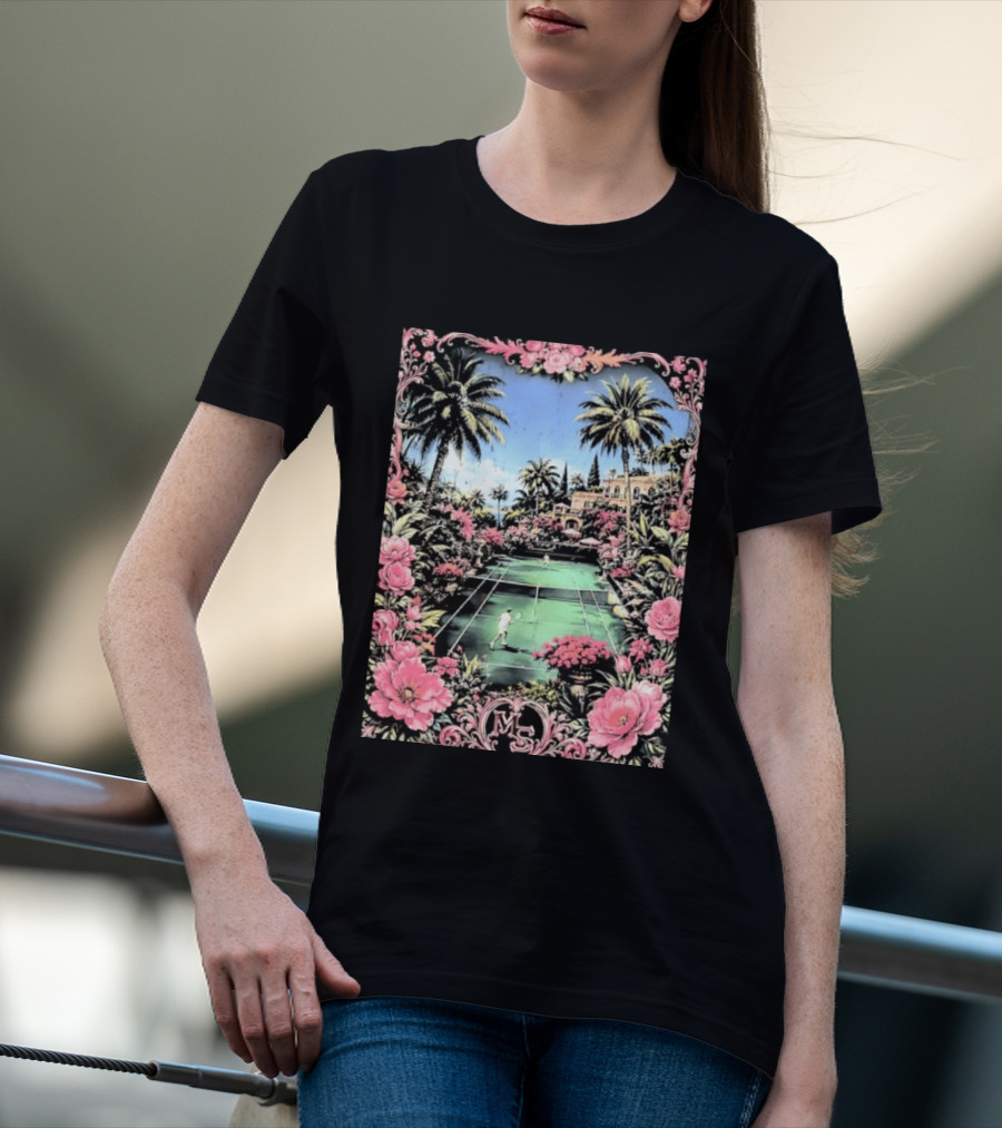 Tennis Players On Mansion Court MS Initials With Pink Floral Frame T-Shirt