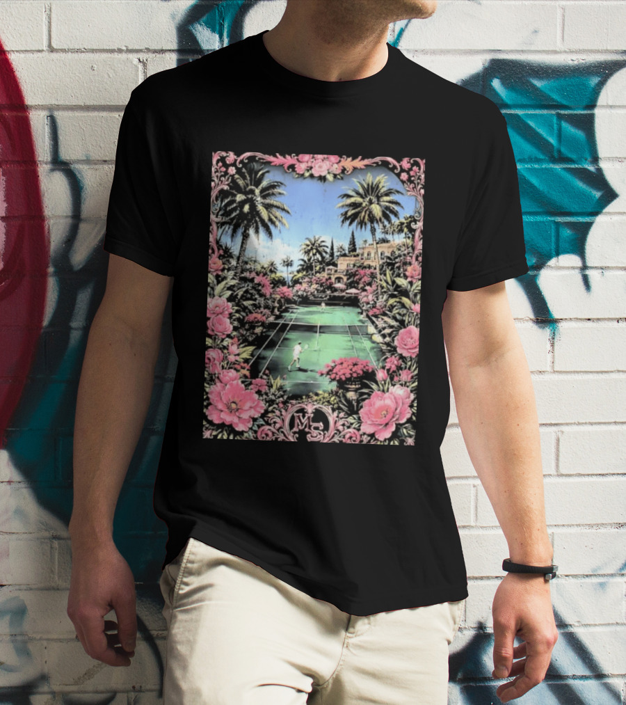 Tennis Players On Mansion Court MS Initials With Pink Floral Frame T-Shirt