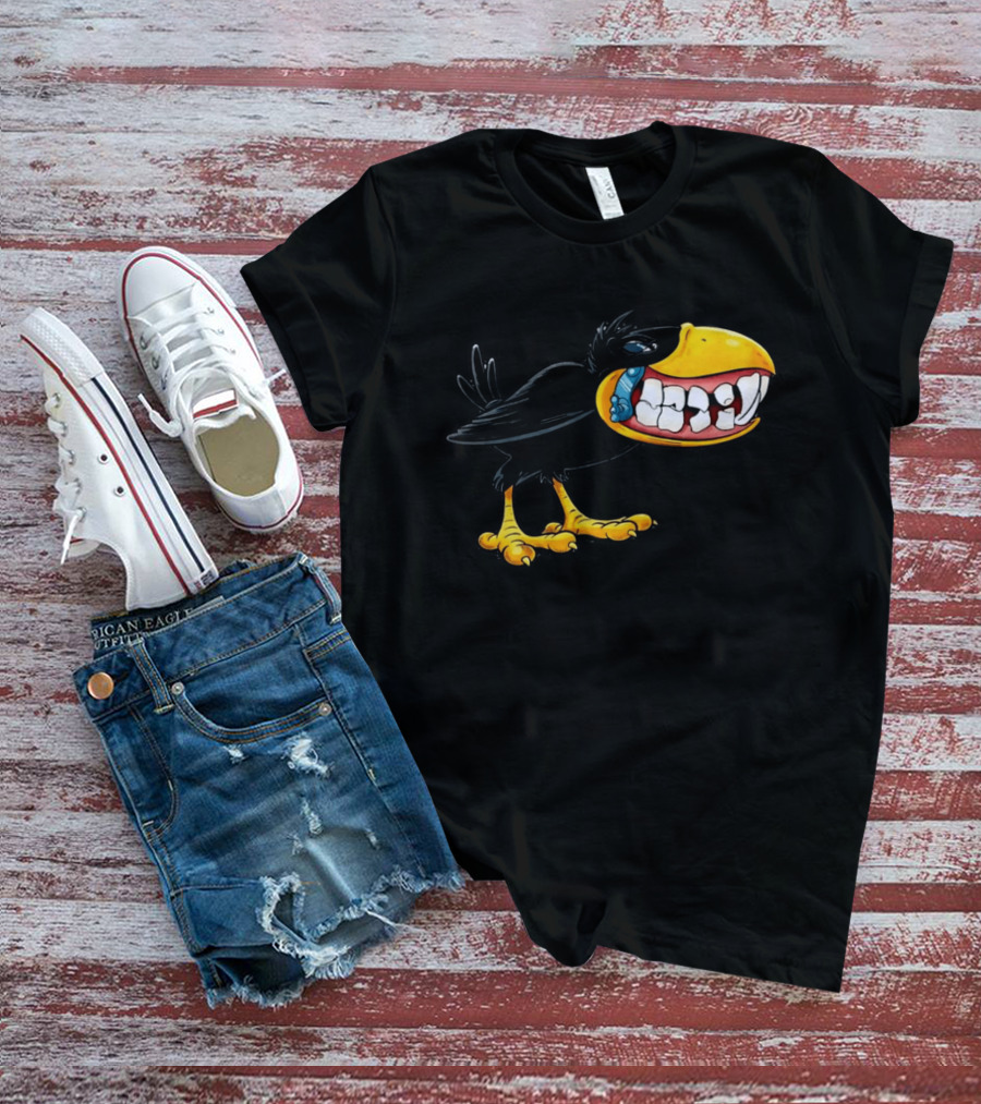 Crow With Huge Teeth Cartoon Blue Phone Green T-Shirt