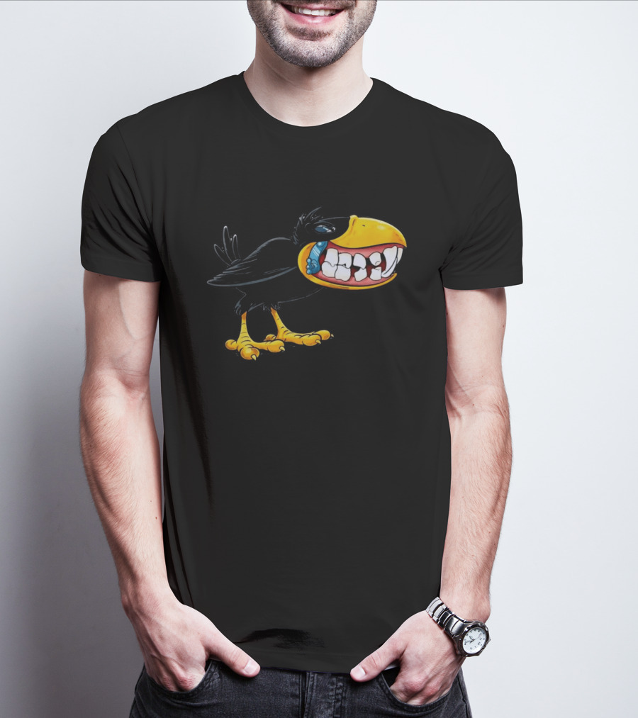 Crow With Huge Teeth Cartoon Blue Phone Green T-Shirt