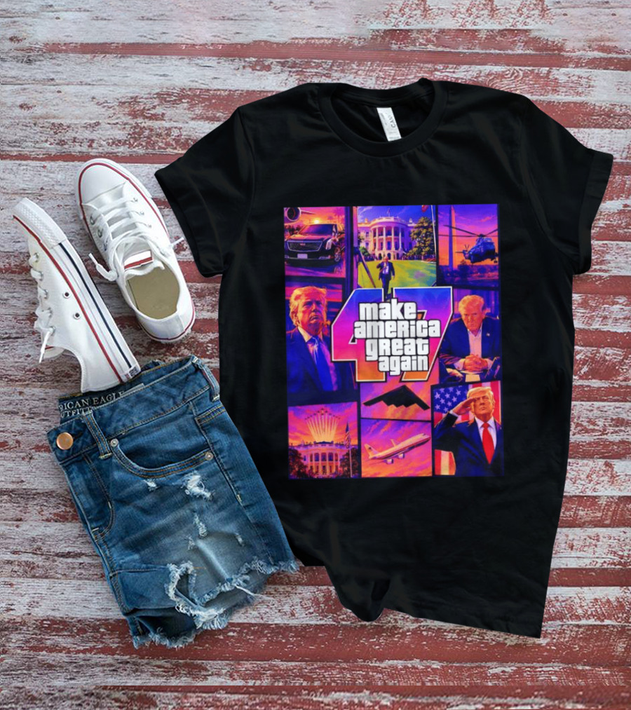 Make America Great Again GTA 47 Parody Trump White House Military Aircraft Montage T-Shirt