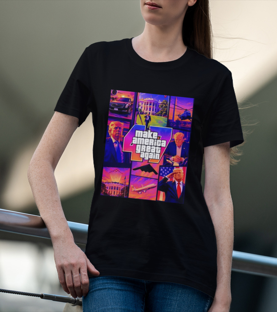 Make America Great Again GTA 47 Parody Trump White House Military Aircraft Montage T-Shirt