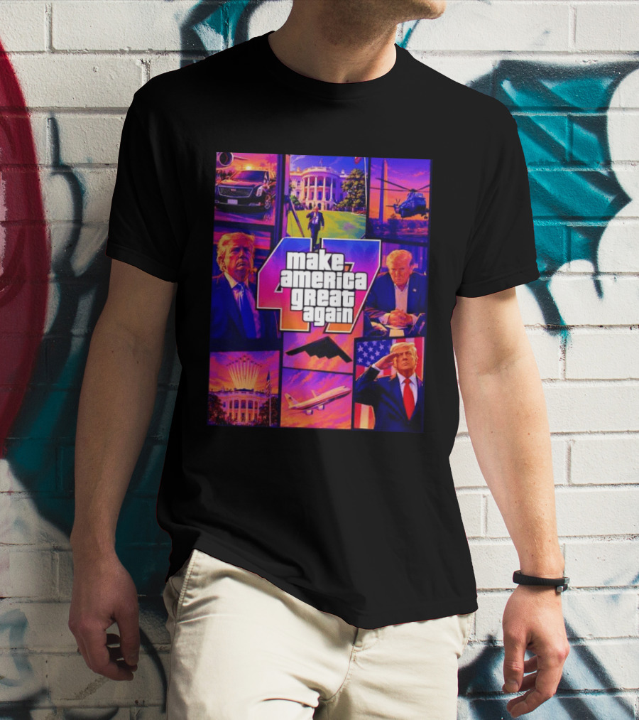 Make America Great Again GTA 47 Parody Trump White House Military Aircraft Montage T-Shirt