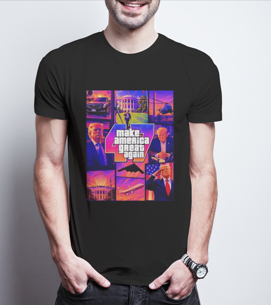 Make America Great Again GTA 47 Parody Trump White House Military Aircraft Montage T-Shirt