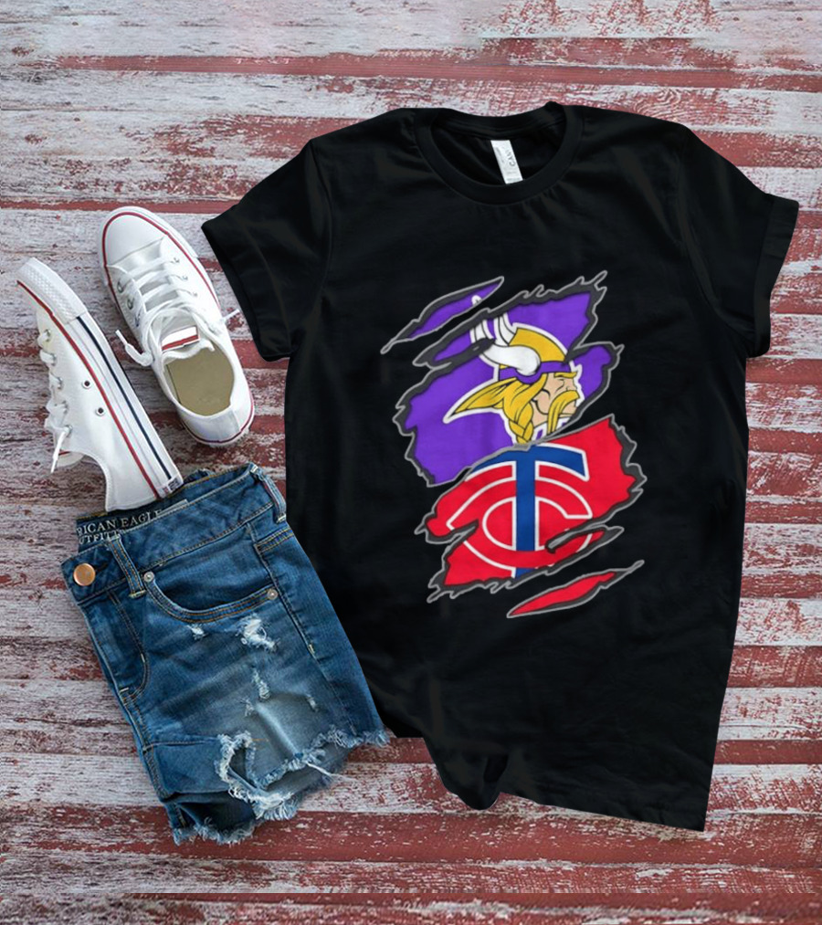 Minnesota Vikings Minnesota Twins Iconic Team Collaboration Ripped T-Shirt
