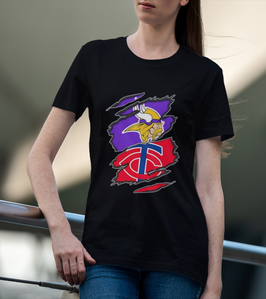 Minnesota Vikings Minnesota Twins Iconic Team Collaboration Ripped T-Shirt