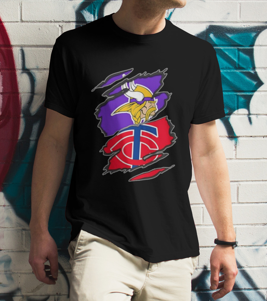 Minnesota Vikings Minnesota Twins Iconic Team Collaboration Ripped T-Shirt