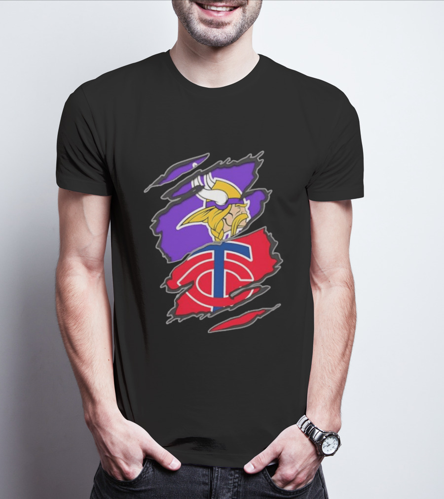 Minnesota Vikings Minnesota Twins Iconic Team Collaboration Ripped T-Shirt