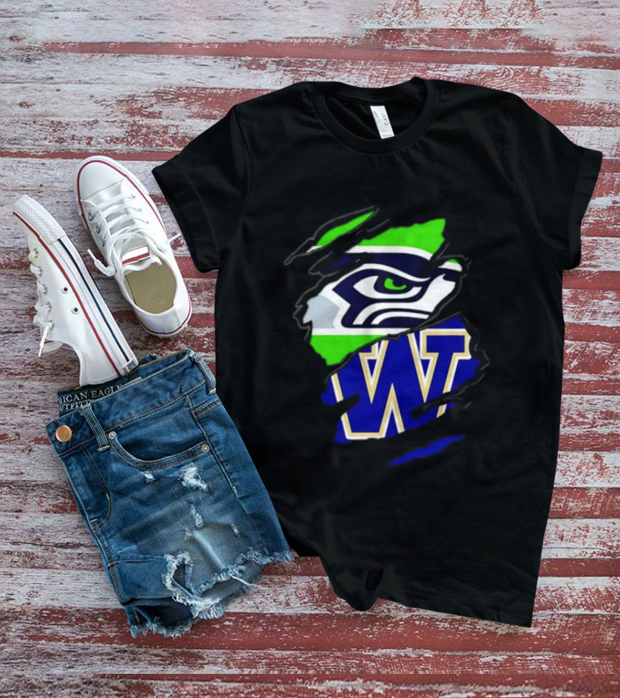 Seattle Seahawks Washington Huskies Ripped Through Logos T-Shirt