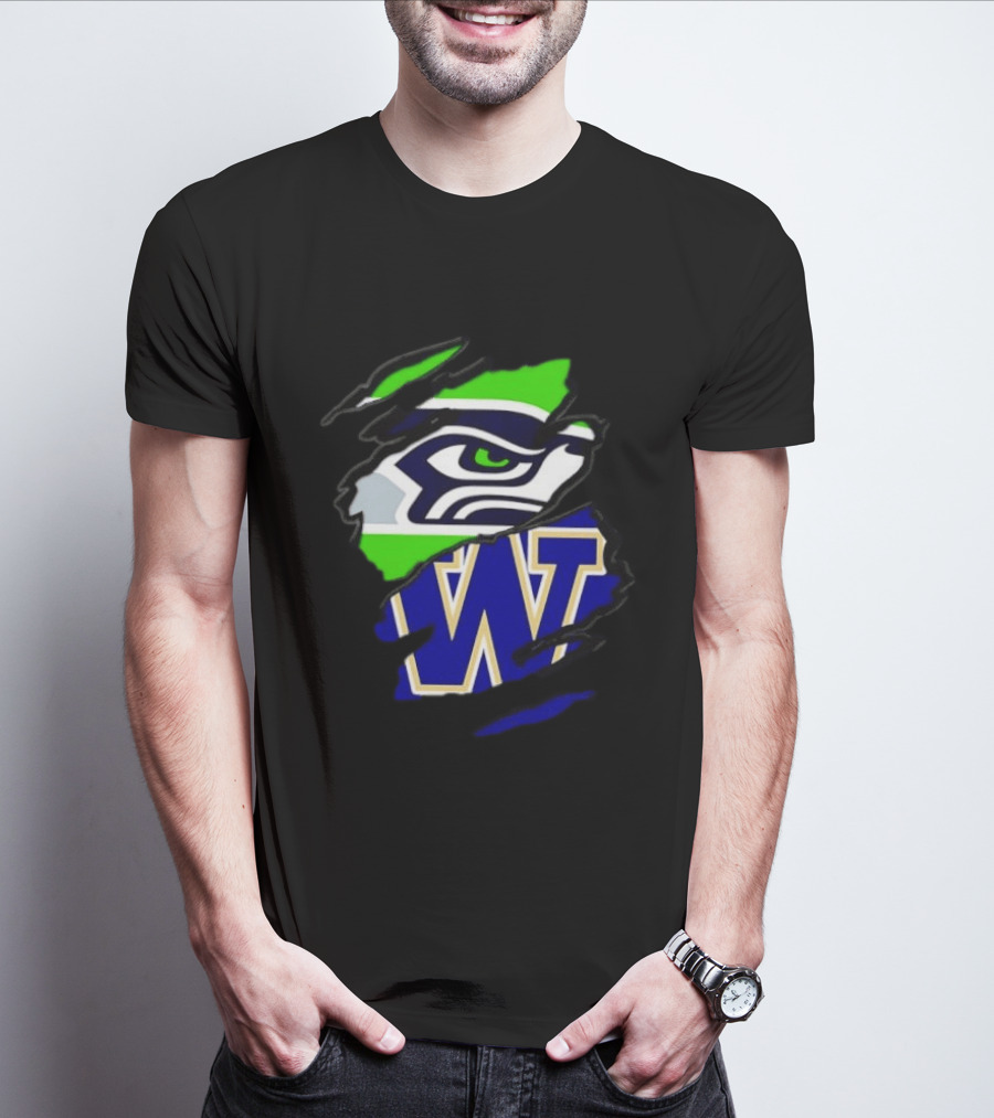 Seattle Seahawks Washington Huskies Ripped Through Logos T-Shirt