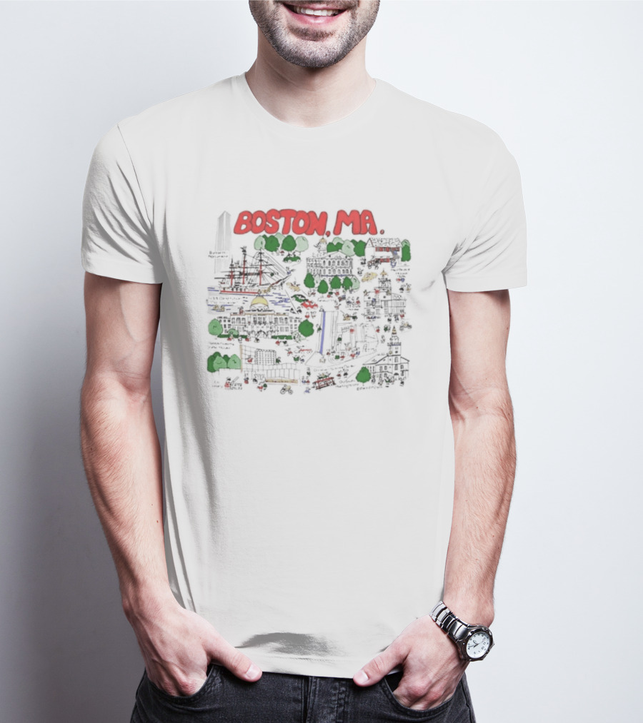 Boston MA Map Bunker Hill Monument USS Constitution State House T-Shirt