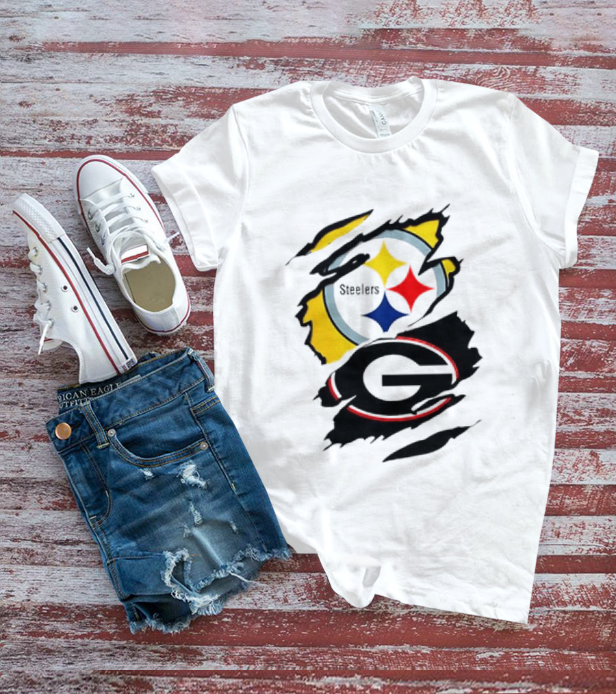 Pittsburgh Steelers Georgia Bulldogs NCAA Football Ripped Torn Effect T-Shirt