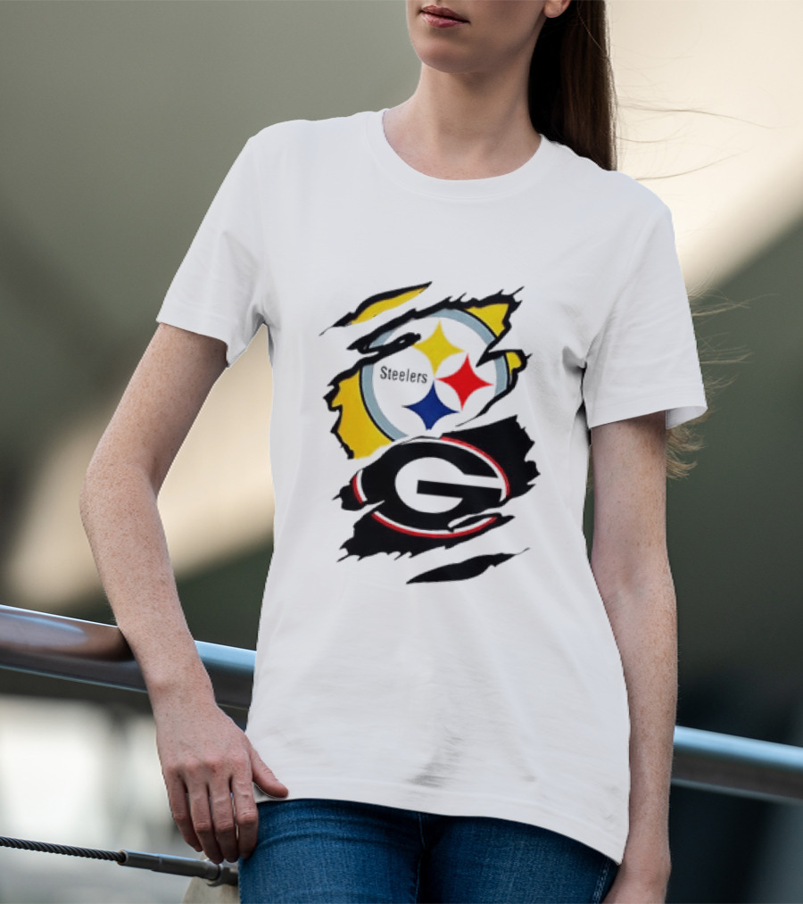 Pittsburgh Steelers Georgia Bulldogs NCAA Football Ripped Torn Effect T-Shirt