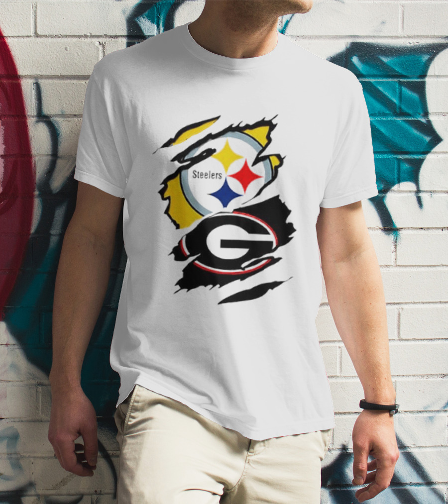 Pittsburgh Steelers Georgia Bulldogs NCAA Football Ripped Torn Effect T-Shirt
