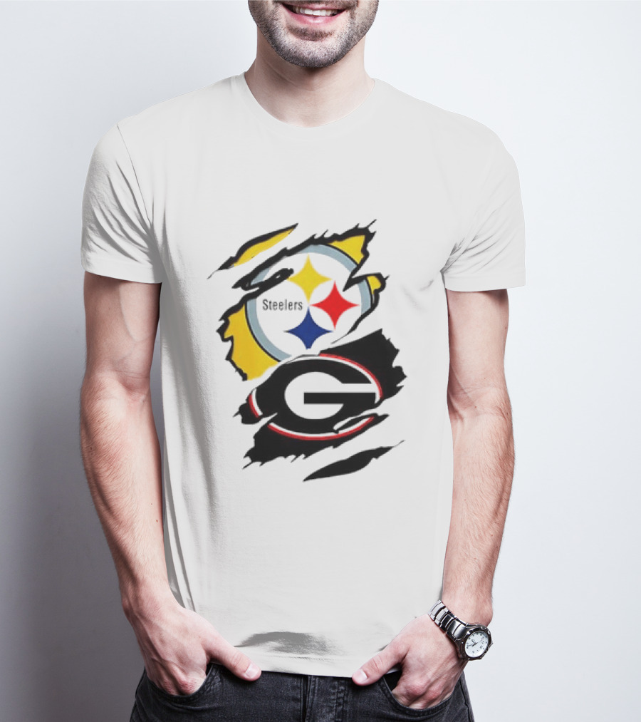 Pittsburgh Steelers Georgia Bulldogs NCAA Football Ripped Torn Effect T-Shirt
