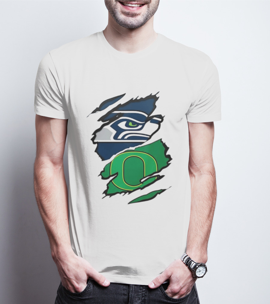 Seattle Seahawks Oregon Ducks Ripped Skin Effect NFL College Team Spirit T-Shirt