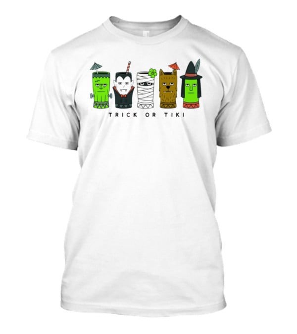 Trick Or Tiki Frankenstein Vampire Mummy Werewolf Witch Halloween T-Shirt