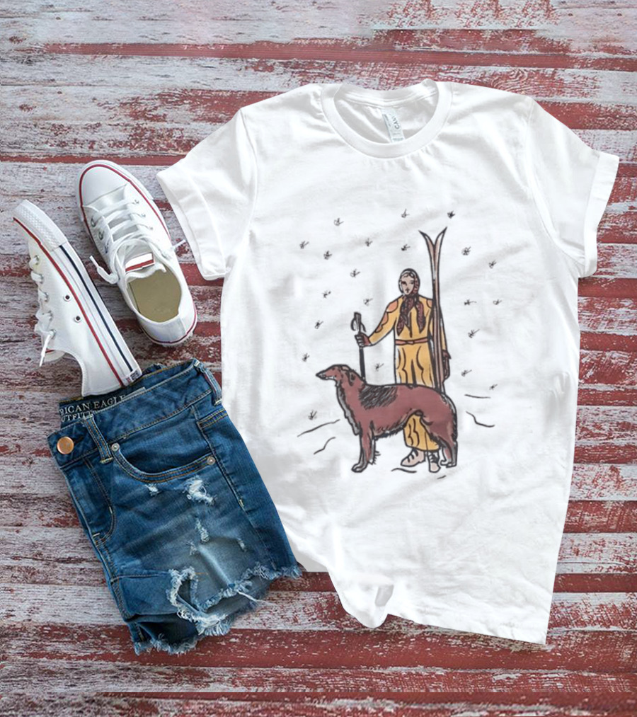 Woman Skiing With Borzoi Dog In Winter Sports Scene T-Shirt