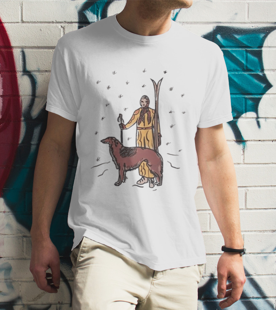 Woman Skiing With Borzoi Dog In Winter Sports Scene T-Shirt
