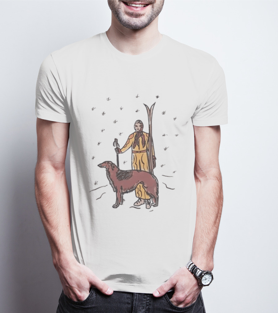 Woman Skiing With Borzoi Dog In Winter Sports Scene T-Shirt