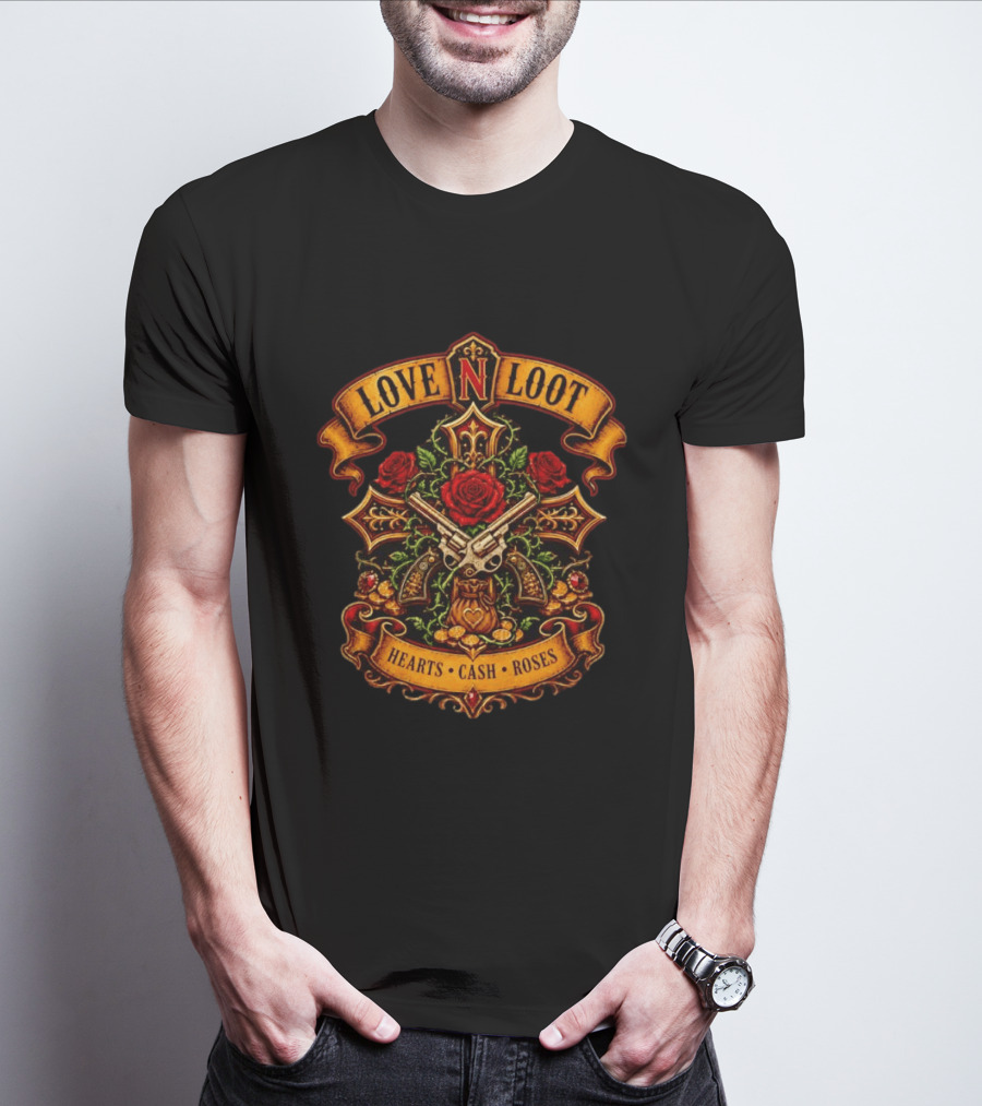 Love N Loot Hearts Cash Roses Guns And Flowers Cross Emblems T-Shirt