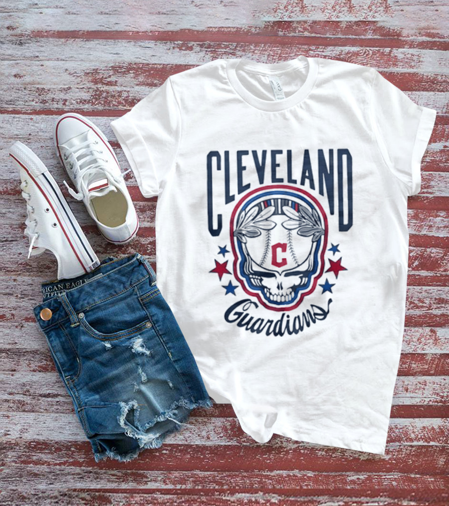 Cleveland Guardians Skull Baseball Laurel Wreath Stars T-Shirt