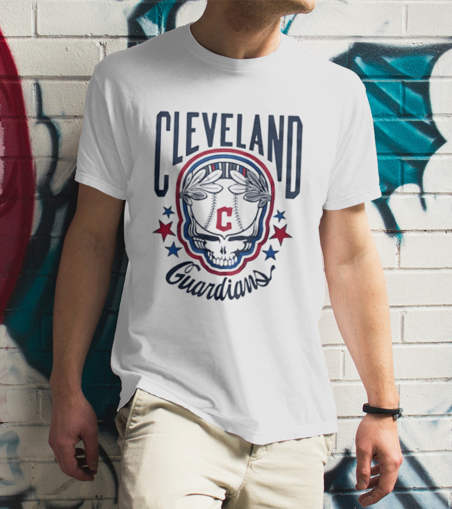 Cleveland Guardians Skull Baseball Laurel Wreath Stars T-Shirt