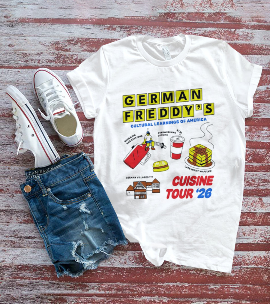 German Freddy's Cultural Learnings Of America Cuisine Tour '26 Village Fest Waffle Burger Soda T-Shirt