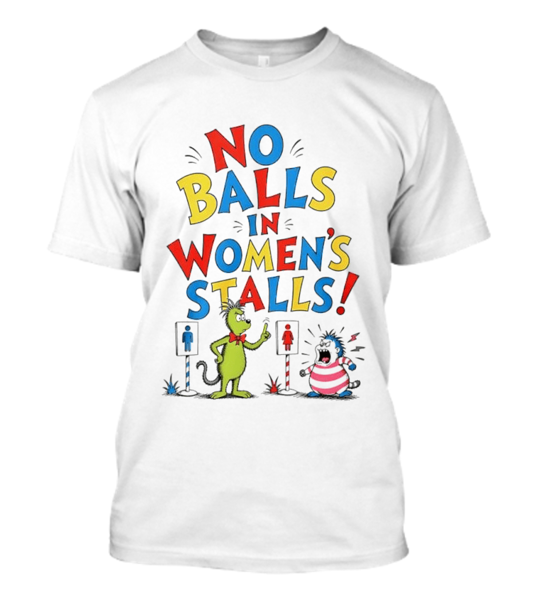 No Balls In Women's Stalls Cat Character Urinal Cartoon T-Shirt