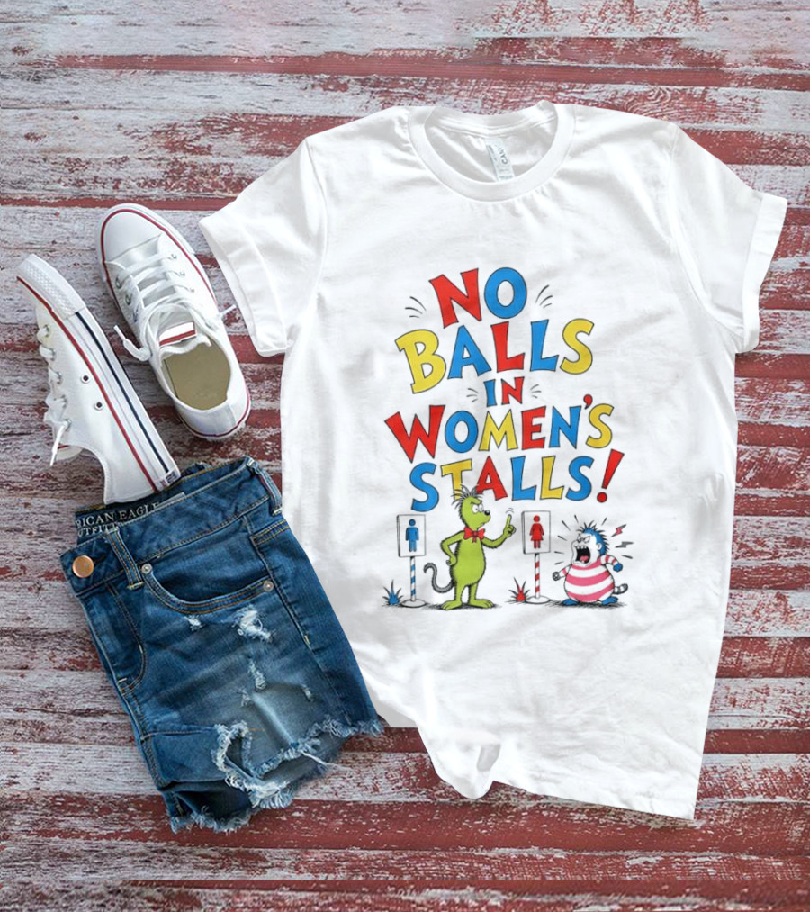 No Balls In Women's Stalls Cat Character Urinal Cartoon T-Shirt