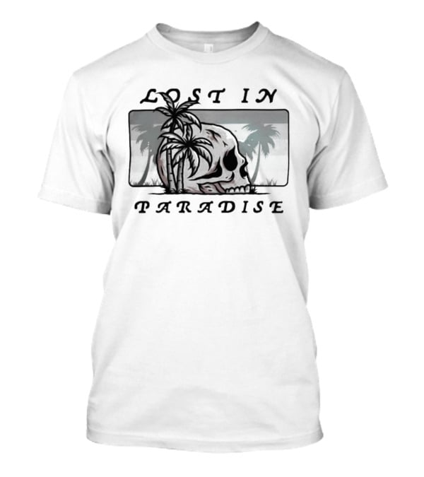 Lost In Paradise Palm Tree Skull And Beach Scene T-Shirt
