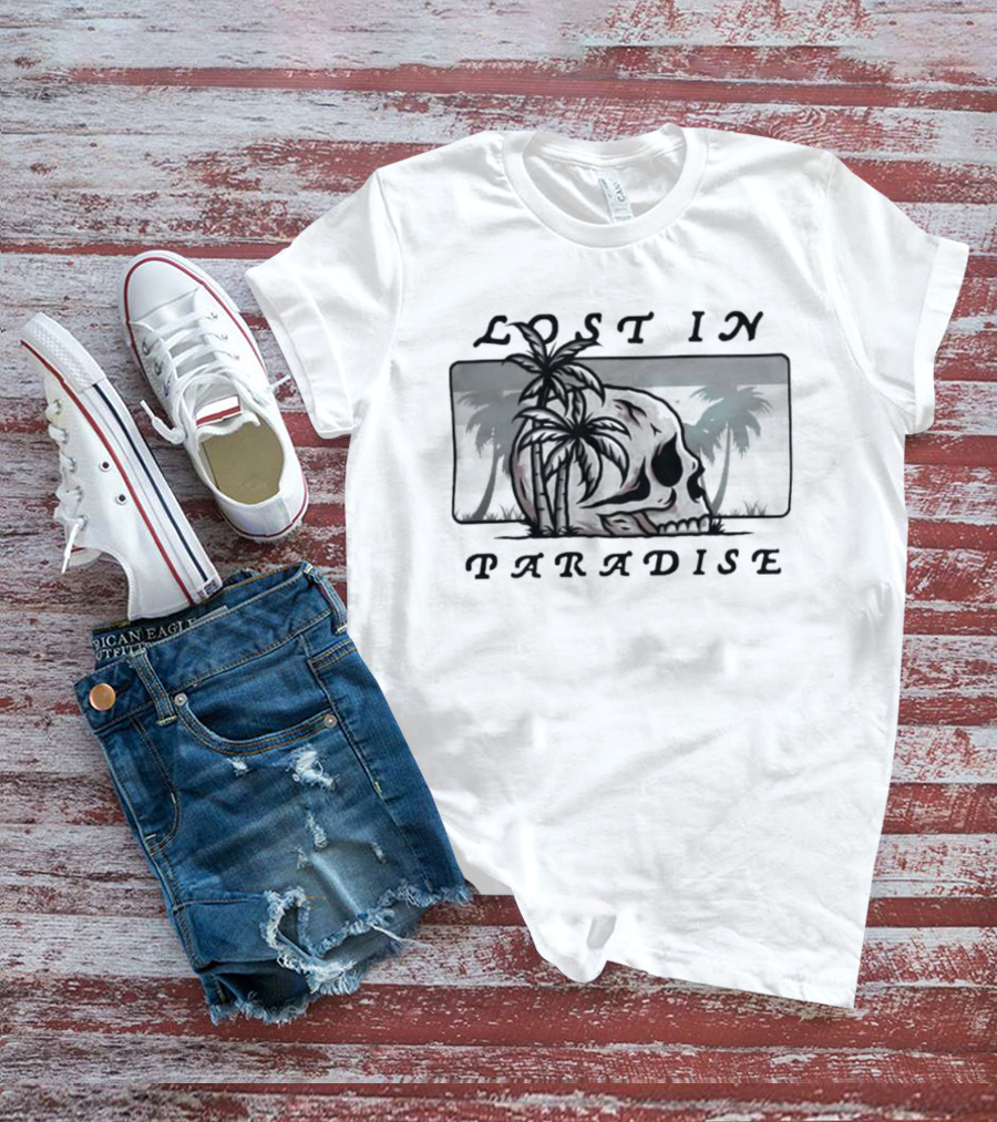 Lost In Paradise Palm Tree Skull And Beach Scene T-Shirt
