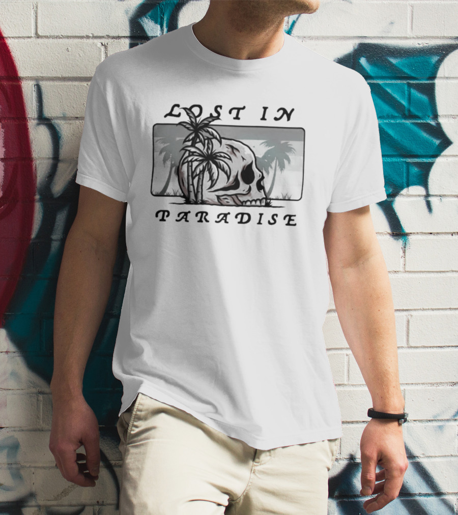 Lost In Paradise Palm Tree Skull And Beach Scene T-Shirt