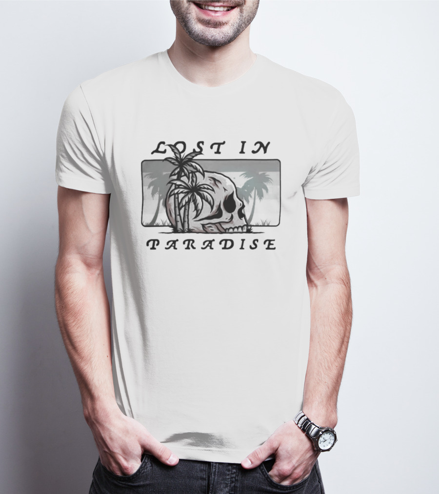 Lost In Paradise Palm Tree Skull And Beach Scene T-Shirt