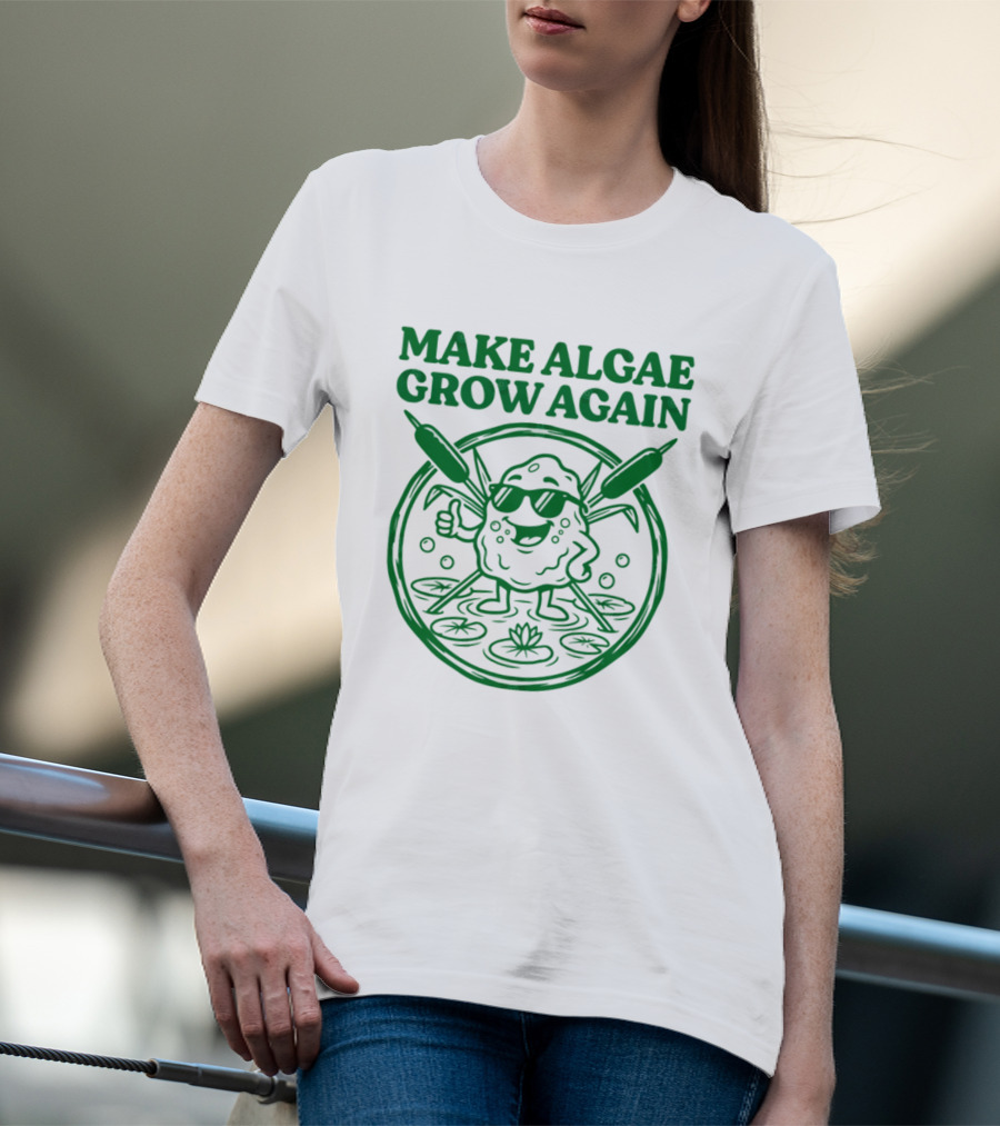 MAKE ALGAE GROW AGAIN Cartoon Thumbs Up With Sunglasses And Cattails Circular Frame T-Shirt