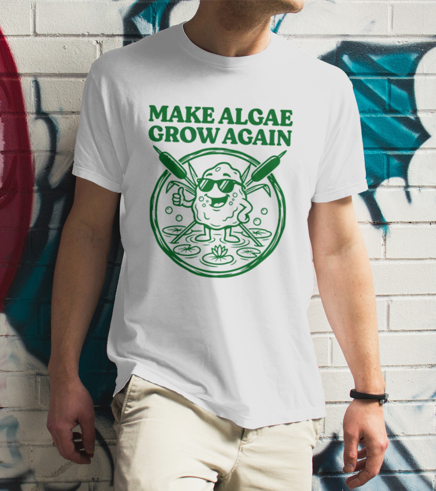 MAKE ALGAE GROW AGAIN Cartoon Thumbs Up With Sunglasses And Cattails Circular Frame T-Shirt