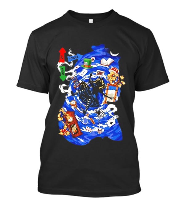 Alice In Wonderland Through The Rabbit Hole Down Yonder With Wonderland Icons And Vortex T-Shirt