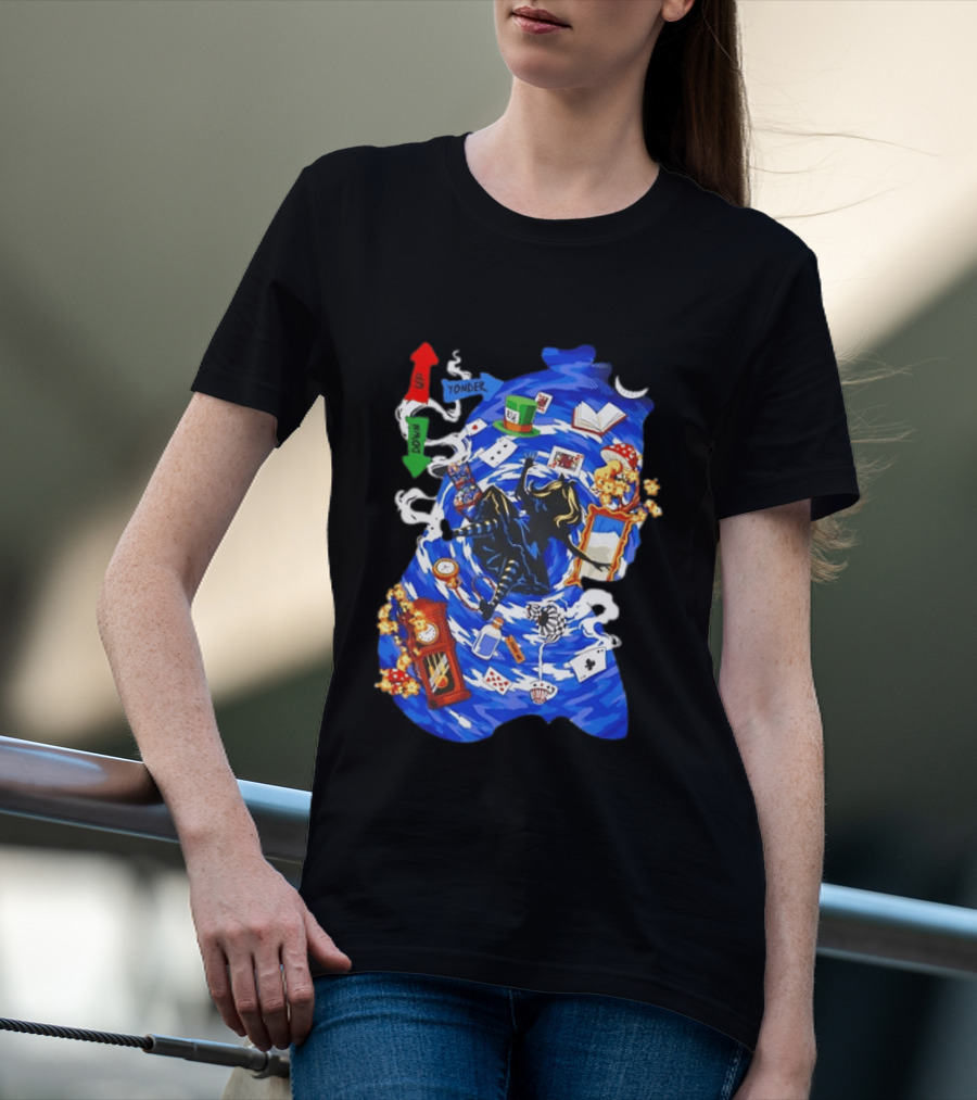 Alice In Wonderland Through The Rabbit Hole Down Yonder With Wonderland Icons And Vortex T-Shirt