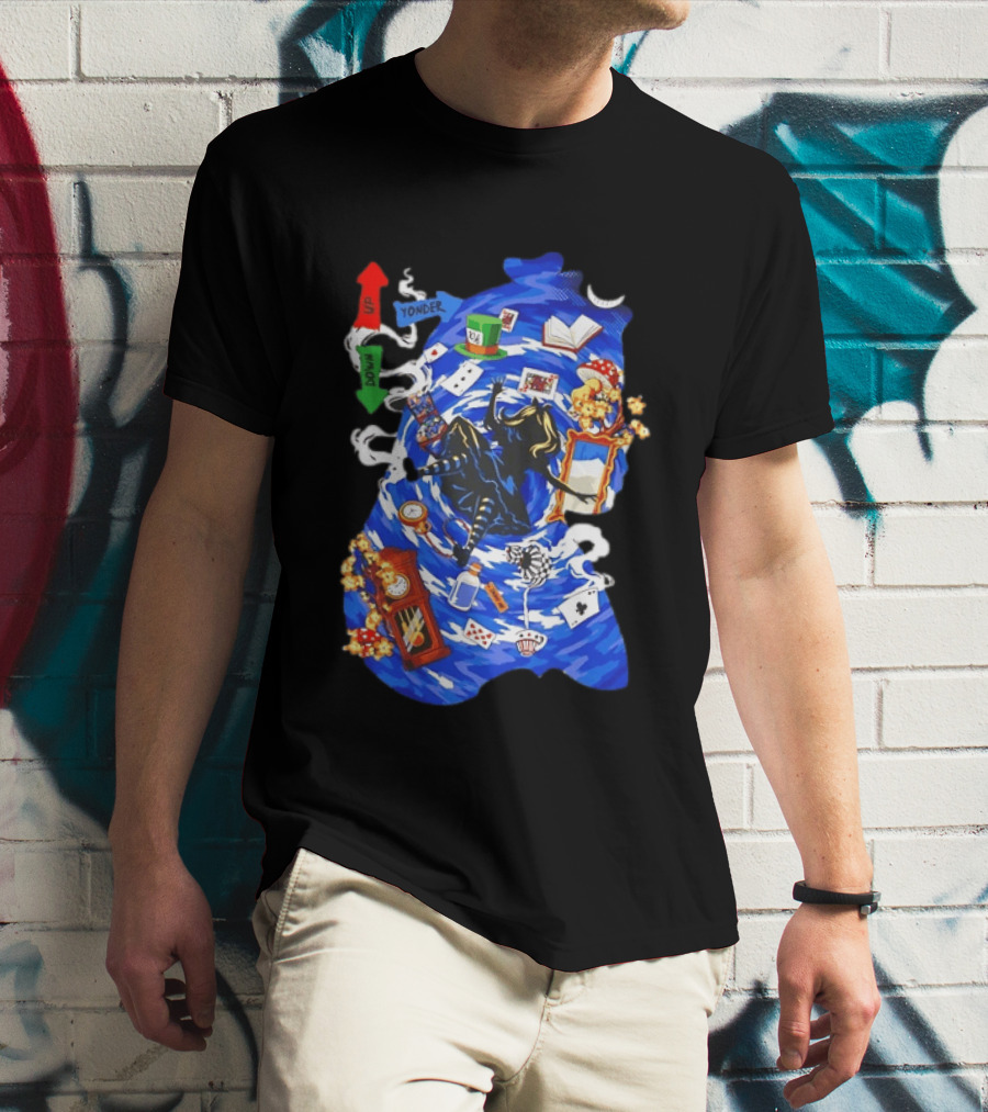 Alice In Wonderland Through The Rabbit Hole Down Yonder With Wonderland Icons And Vortex T-Shirt