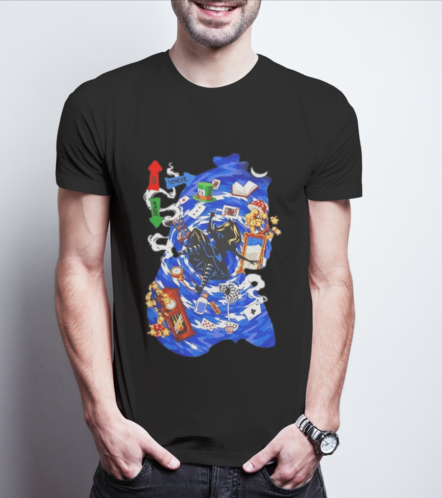 Alice In Wonderland Through The Rabbit Hole Down Yonder With Wonderland Icons And Vortex T-Shirt