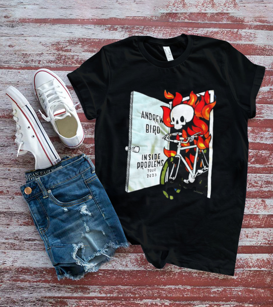 Andrew Bird Inside Problems Tour 2023 Flaming Skeleton On Bicycle T-Shirt