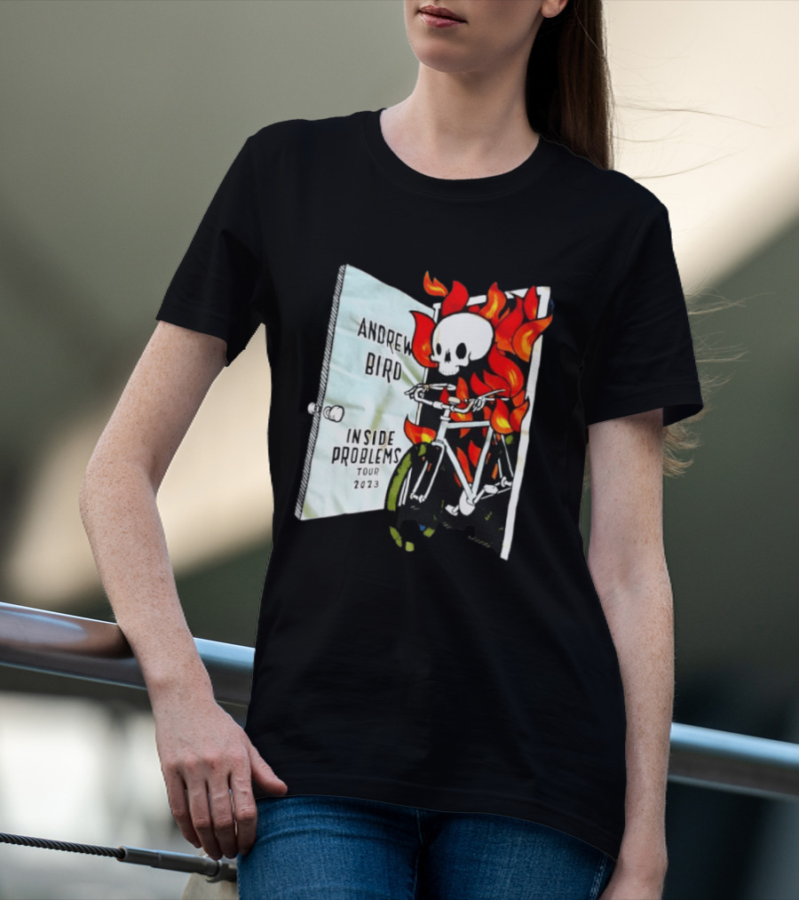 Andrew Bird Inside Problems Tour 2023 Flaming Skeleton On Bicycle T-Shirt