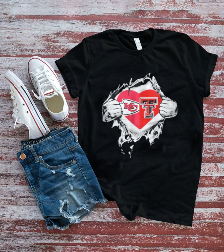 Chiefs Texas Tech Red Raiders Heart Emblem Torn Reveal T-Shirt