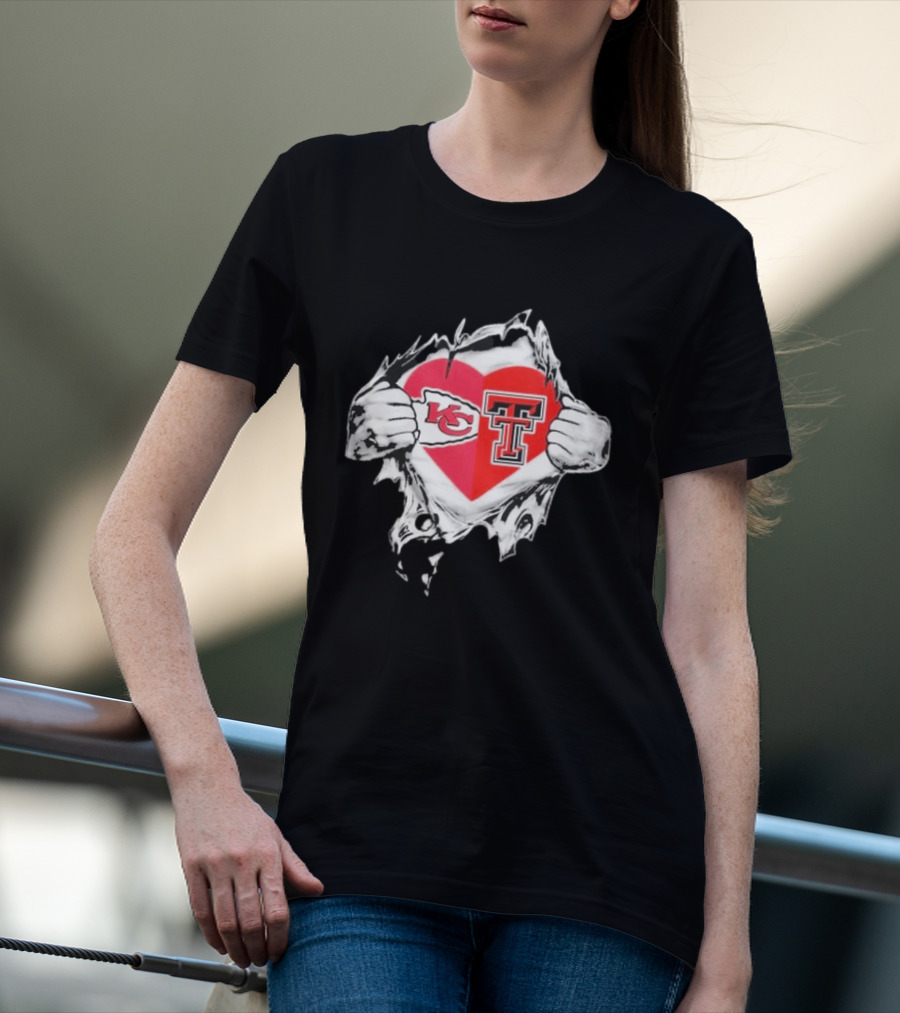 Chiefs Texas Tech Red Raiders Heart Emblem Torn Reveal T-Shirt