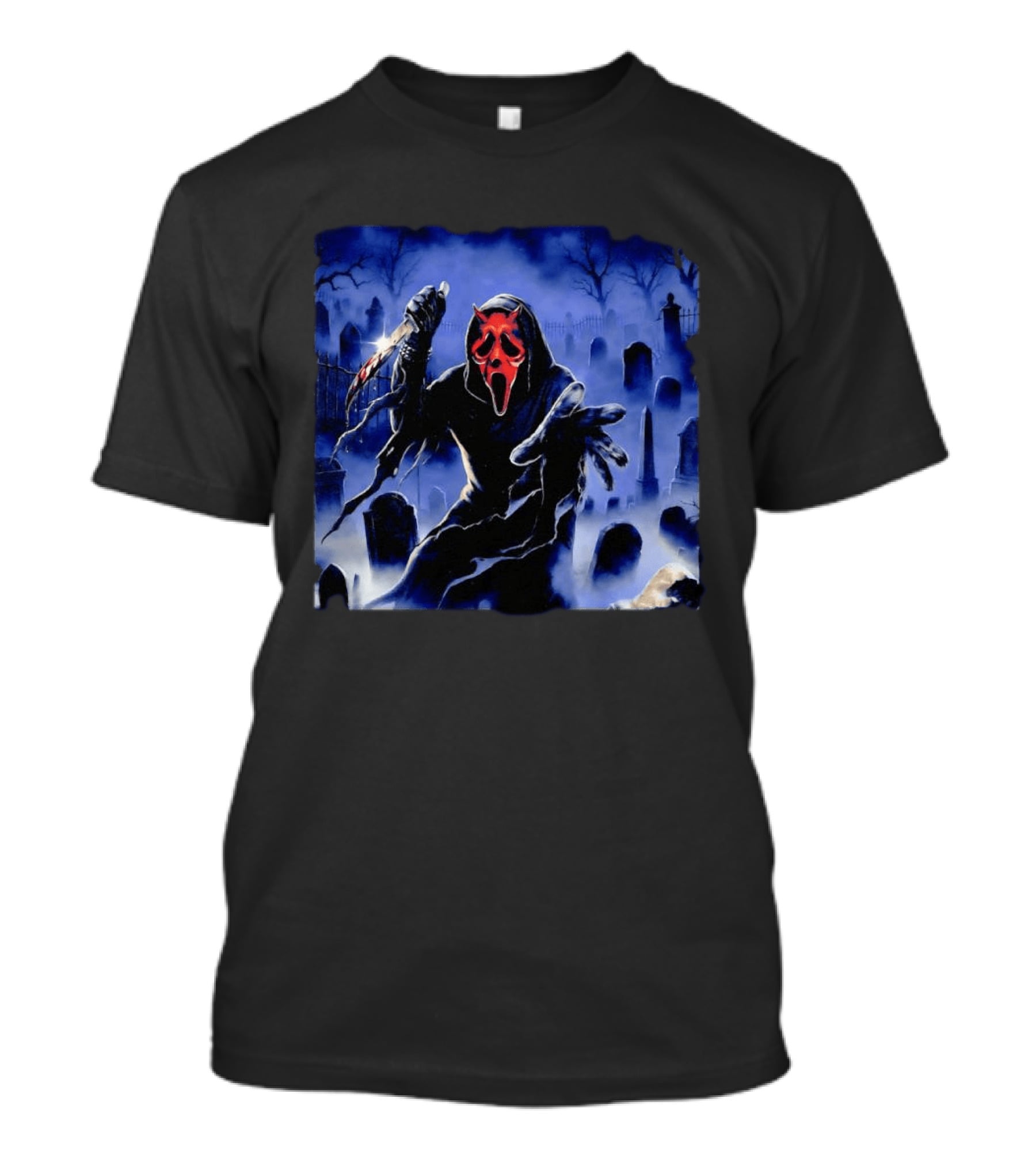 Ghostface Scream Devil Mask With Knife In Cemetery T-Shirt