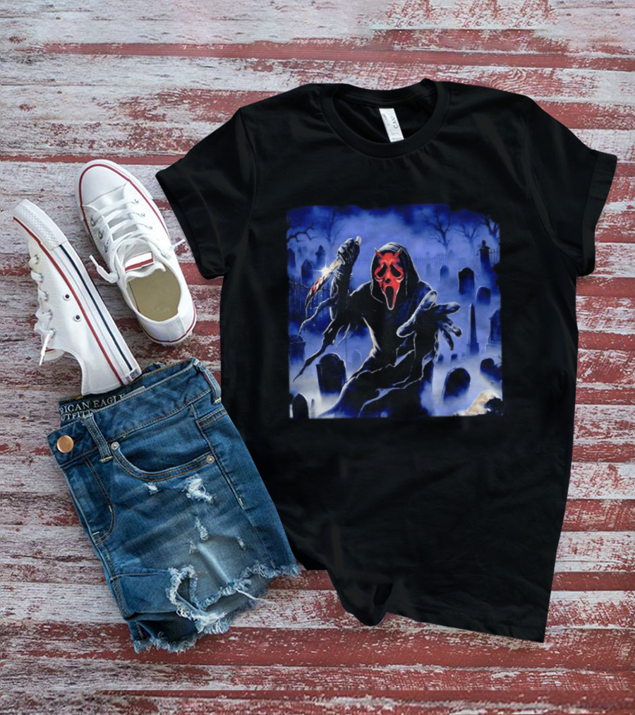 Ghostface Scream Devil Mask With Knife In Cemetery T-Shirt