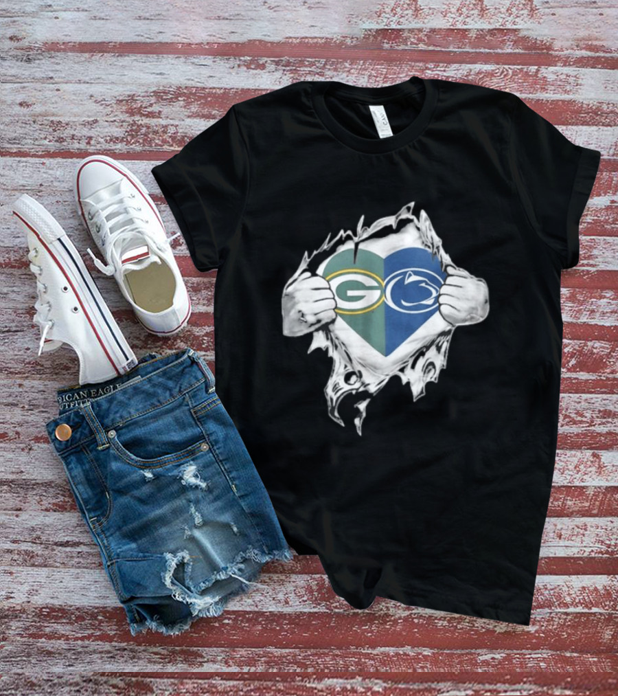 Packers Penn State Heart Icon Featuring Green Bay And Nittany Lions Logos T-Shirt