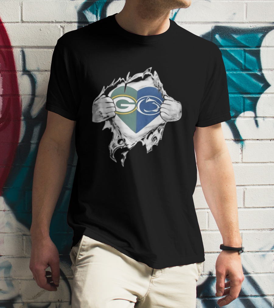 Packers Penn State Heart Icon Featuring Green Bay And Nittany Lions Logos T-Shirt