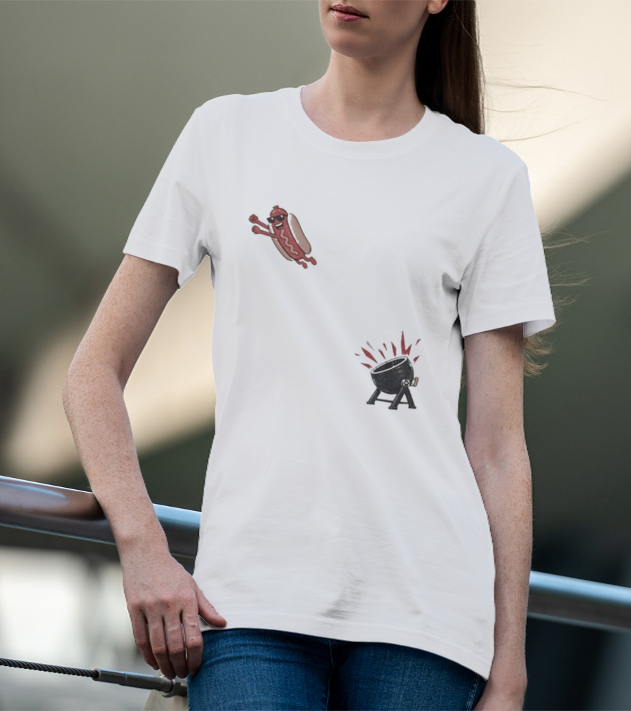Hot Dog Jumping Into Grill Cartoon T-Shirt